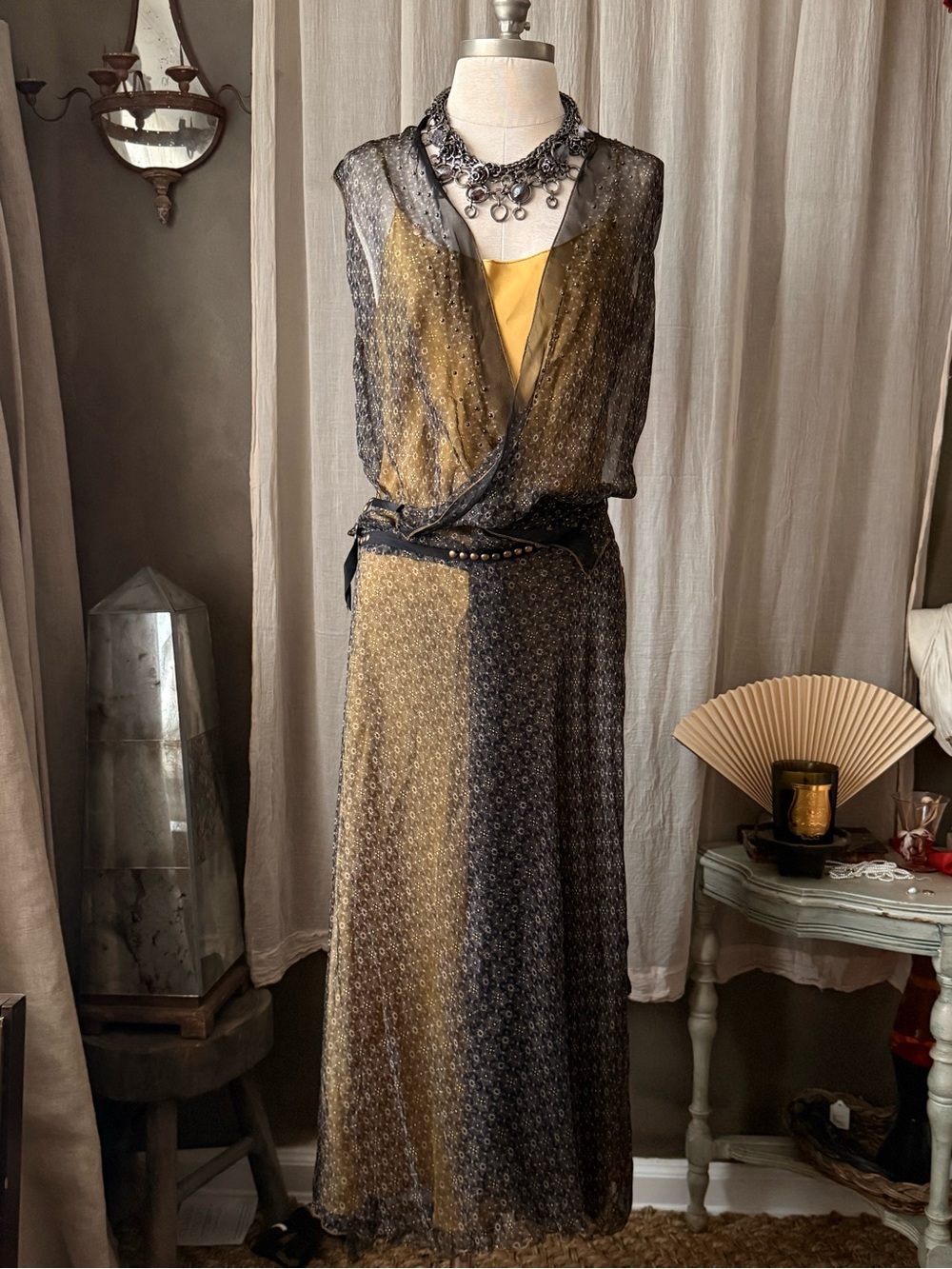 Rozae Nichols 100% silk delicate maxi slip dress with sheer pattern wrap overlay